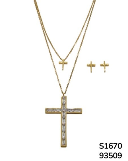S1670 Conjunto de cadena doble con aretes y dije de Cruz Dorada