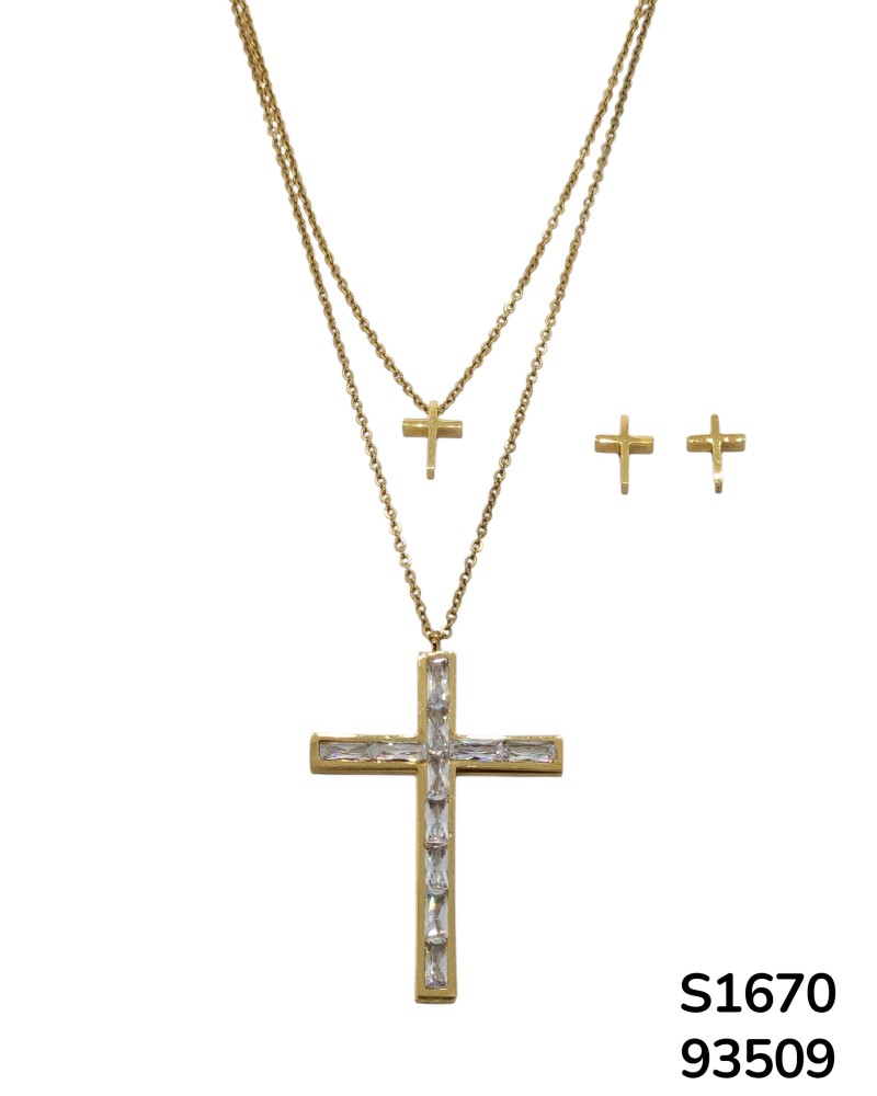 S1670 Conjunto de cadena doble con aretes y dije de Cruz Dorada