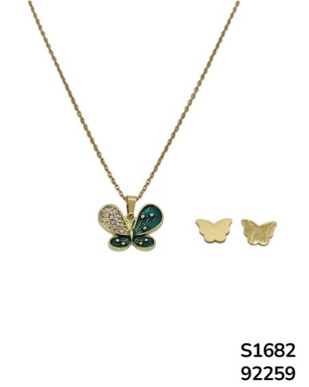 S1682 Conjunto de Cadena con Mariposa verde y aretes de mariposa