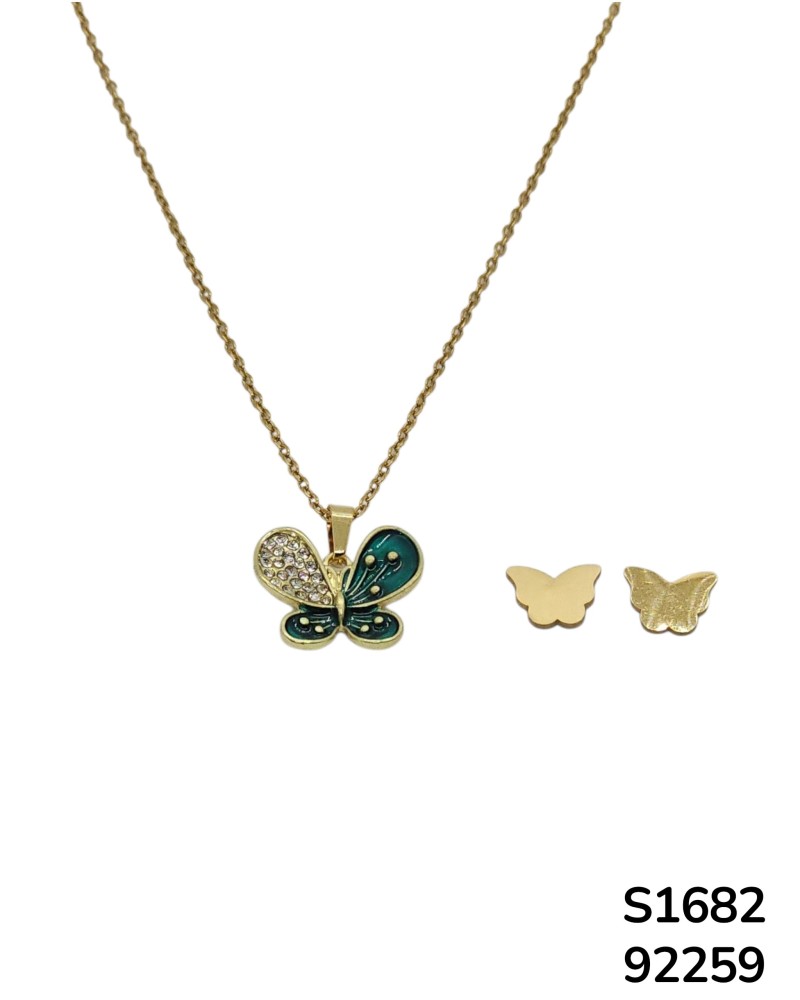 S1682 Conjunto de Cadena con Mariposa verde y aretes de mariposa