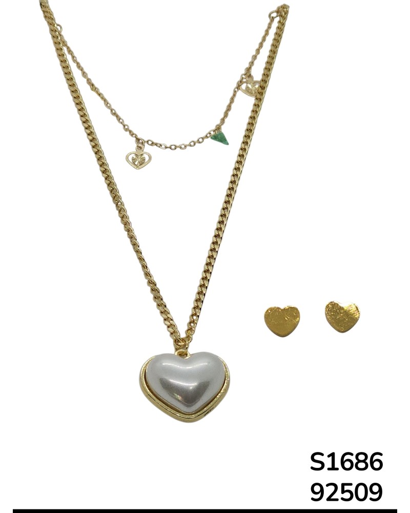 S1686 Conjunto de Cadena Doble con Dijes de Corazón y aretes que combinan