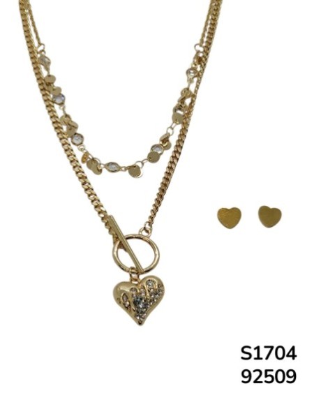 S1704 Conjunto de Cadena doble con Dije de Corazón y Broche Toggle