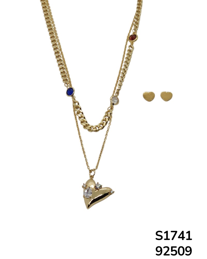 S1741 Conjunto de Cadena doble con dije de Corazón y cristales de colores