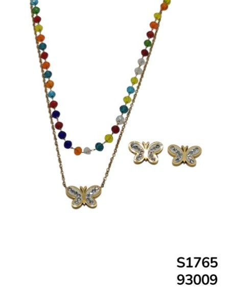 S1765 Conjunto de cadena doble y aretes de Mariposas y cuentas de colores