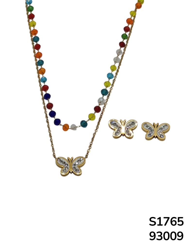 S1765 Conjunto de cadena doble y aretes de Mariposas y cuentas de colores