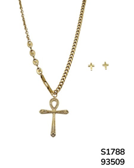 S1788 Set de Cadena y aretes con Cruz Dorada