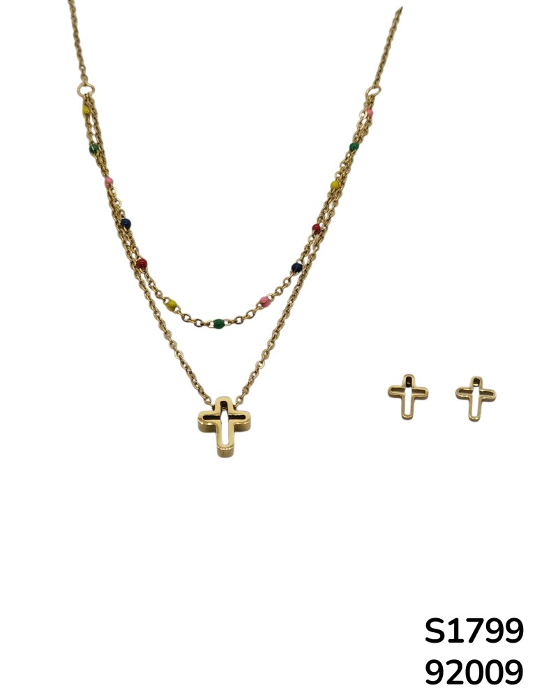 S1799: Conjunto de Cadena doble con Cruz y Cuentas de Colores