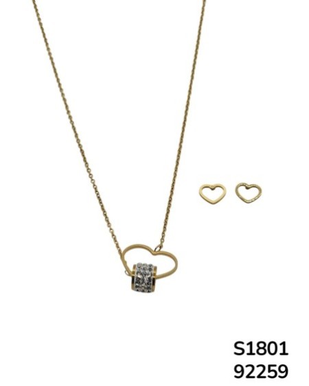 S1801 Set de Aretes y Cadena con Corazón y Detalle de Cristal