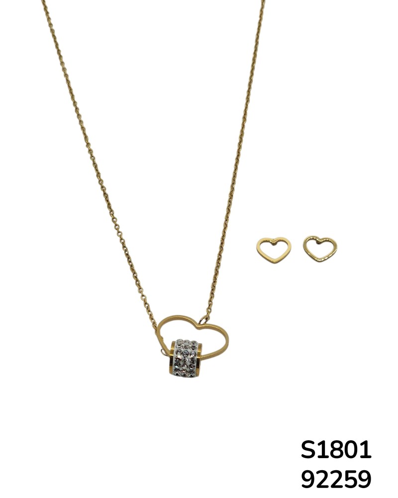 S1801 Set de Aretes y Cadena con Corazón y Detalle de Cristal
