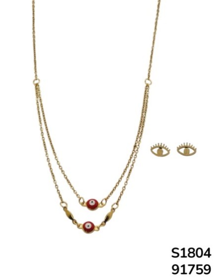 S1804 Set de Cadena doble con Dijes de Ojo Turco Colorido y aretes que hacen juego.