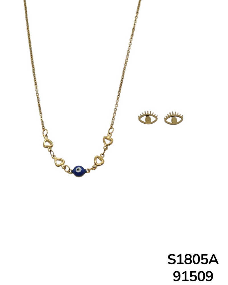 S1805 Conjunto de Cadena y aretes de Ojo Turco y Corazones en la cadena