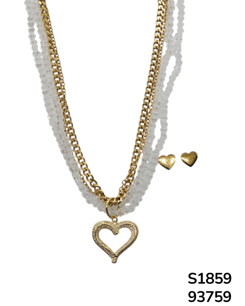 S1859 Conjunto de Cadena triple con Dije de Corazón con detalles de Cristal