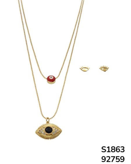 S1863 Conjunto de Cadena doble con Dijes y aretes de Ojo Turco