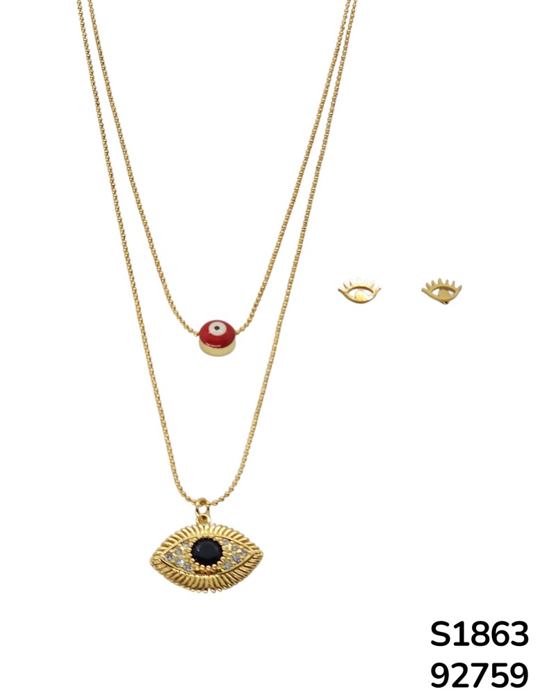 S1863 Conjunto de Cadena doble con Dijes y aretes de Ojo Turco