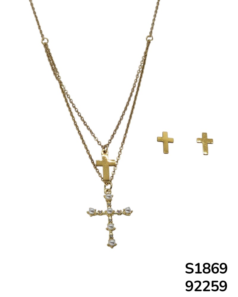 S1869 Conjunto de Cadena doble con Dije de Cruz dorada  y  Cruz de Perla