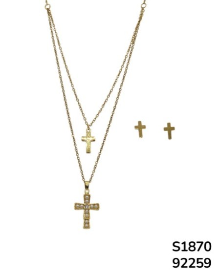 S1870 Conjunto de Cadena doble con Cruz dorada y cruz con perlas y aretes que le hacen juego.
