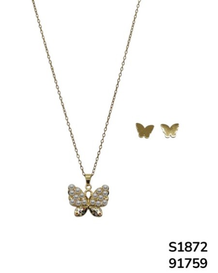 S1872 Conjunto de Cadena y aretes con Dije de Mariposa y Perlas