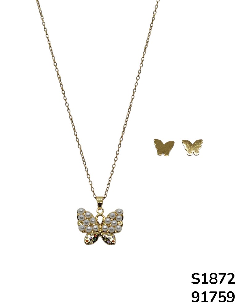 S1872 Conjunto de Cadena y aretes con Dije de Mariposa y Perlas