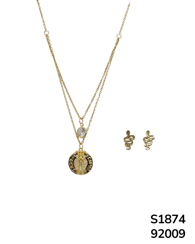 S1874 Conjunto de Cadena doble con Dije de Cobra Egipcia y aretes de serpiente