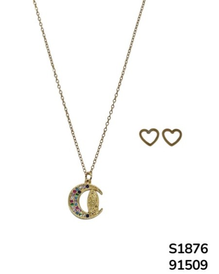 S1876 Conjunto de Cadena con Virgen de Guadalupe y Luna con aretes de corazón