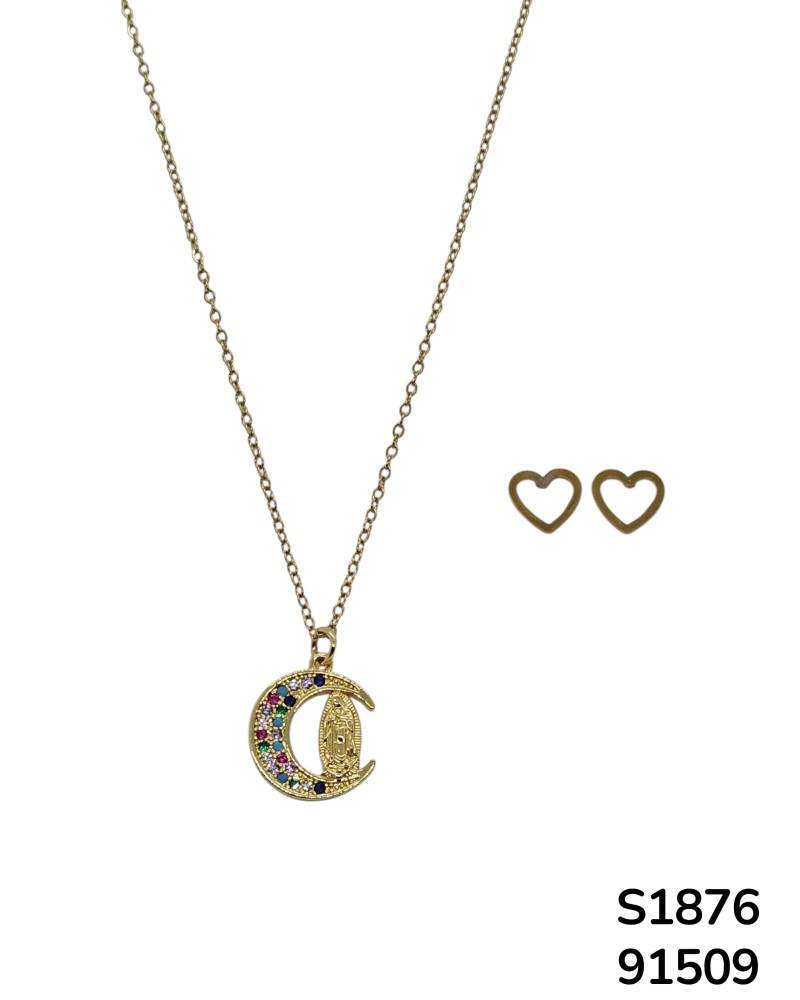 S1876 Conjunto de Cadena con Virgen de Guadalupe y Luna con aretes de corazón