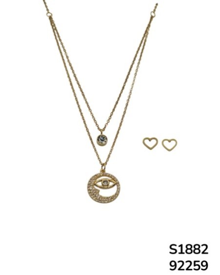 S1882 Conjunto doble cadena con Dije de Ojo Turco y Cristal facetado que hacen juego con aretes de corazón.