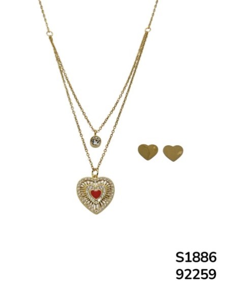 S1886 Conjunto de doble Cadena con Dije de Corazón Rojo