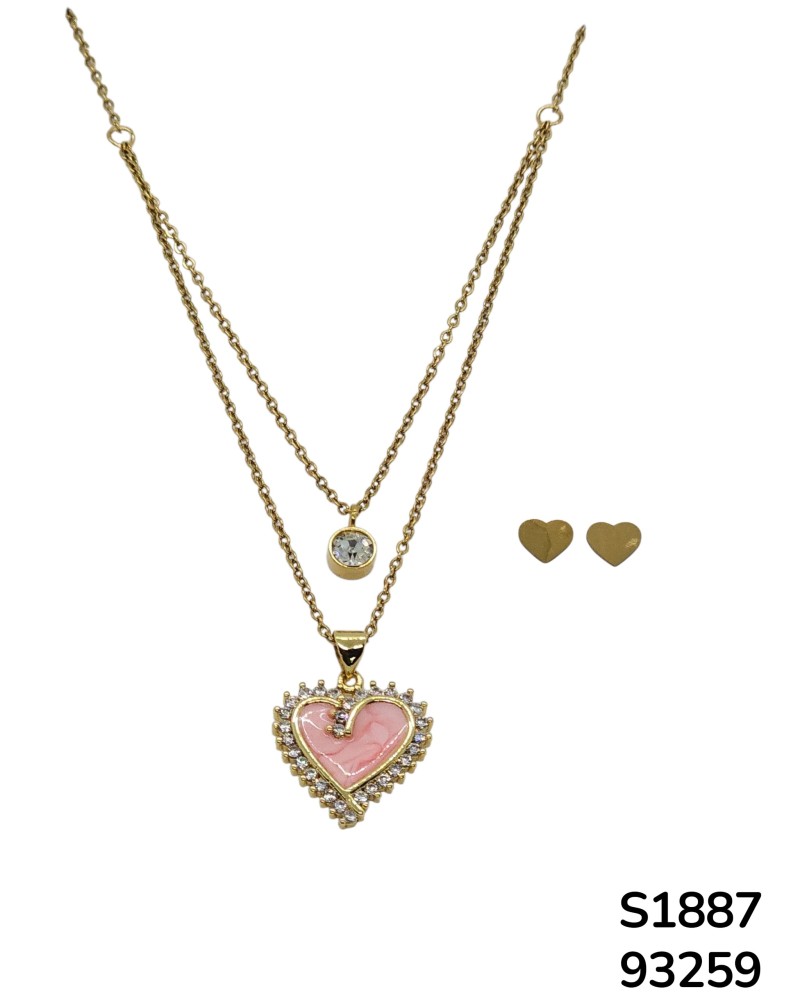 S1887 Conjunto de Cadena doble con Dije de Corazón Rosa y Cristal Facetado