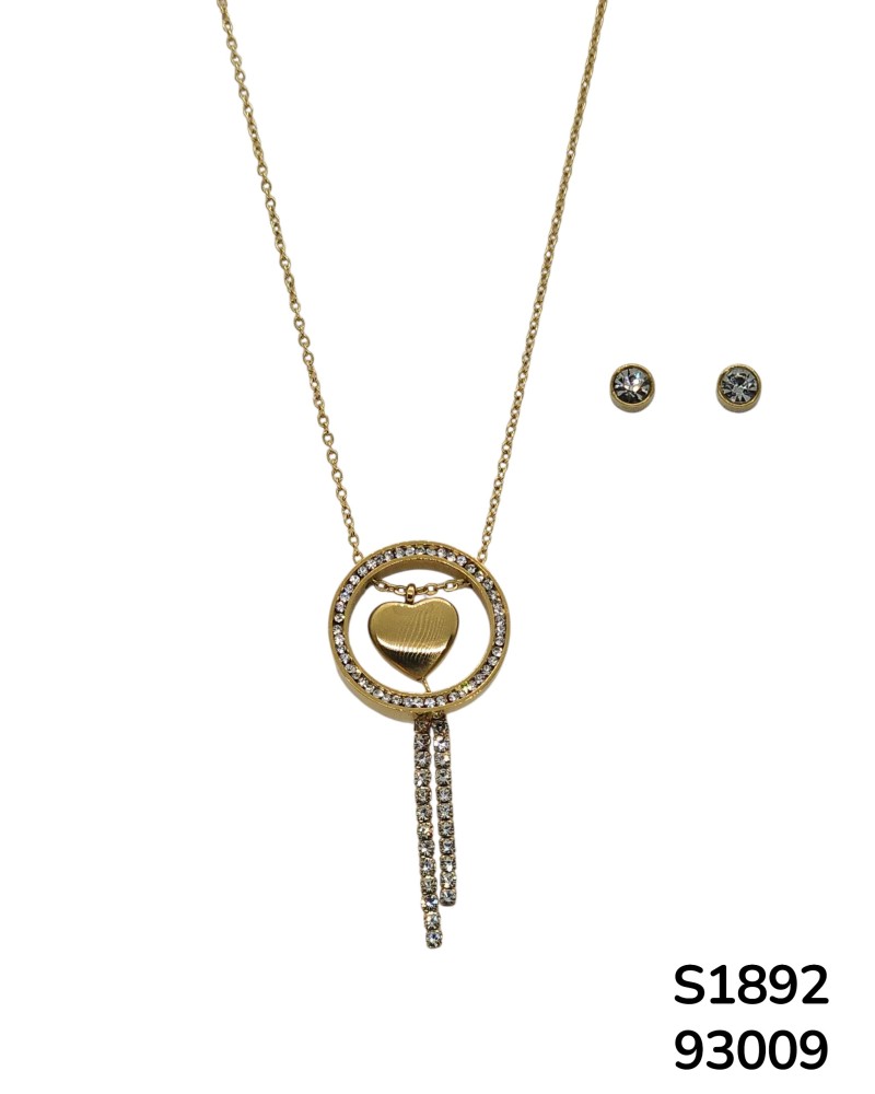 S1892 Conjunto de Cadena con Dije de Círculo Elegante y corazón con aretes a juego
