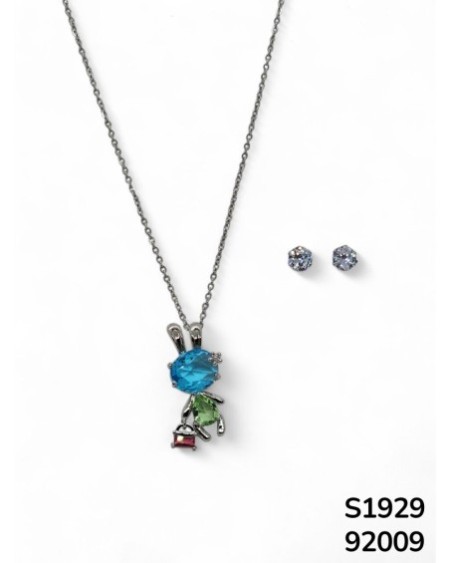 S1929 Cadena de Acero Inoxidable con Dije de Conejo de Cristales Multicolor y Aretes