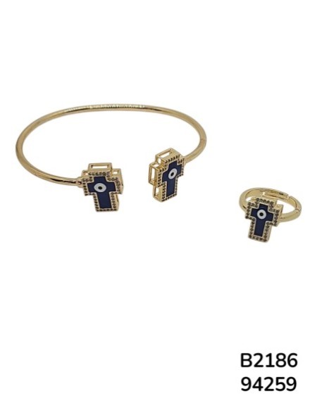 B2186 Set de Pulsera y Anillo con Cruz y Ojo Turco