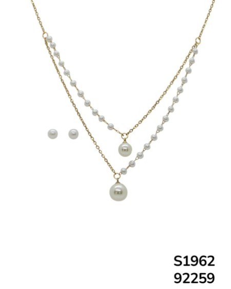 S1962 Conjunto de Cadena Doble en Capas con Perlas y Aretes de de perla