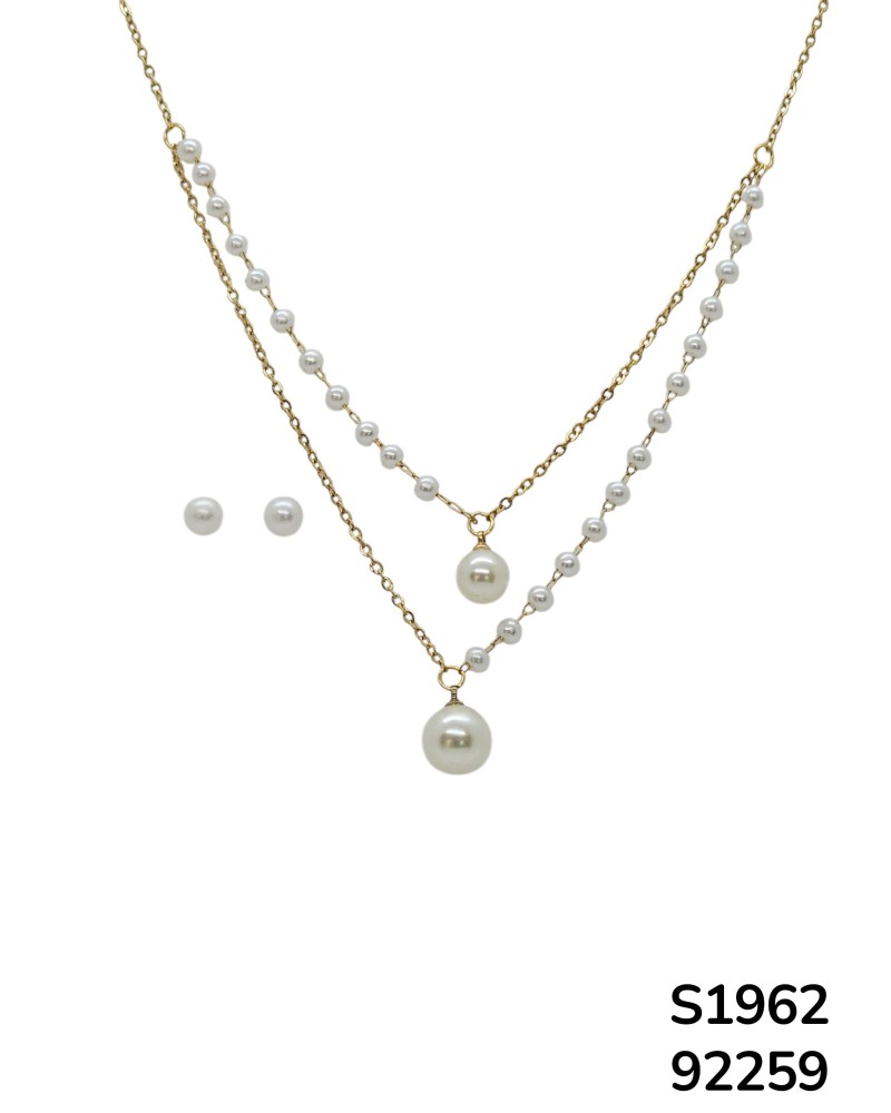 S1962 Conjunto de Cadena Doble en Capas con Perlas y Aretes de de perla