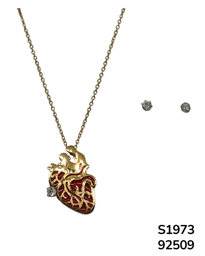 S1973 Conjunto de Cadena con Dije de Corazón Anatómico color rojo y aretes de cristal
