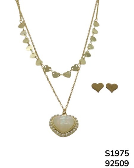 S1975 Conjunto de Cadena doble con Dije de Corazón y aretes a jjuego.