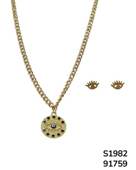 S1982 Conjunto de Cadena con Medallón de Ojo Turco en Oro