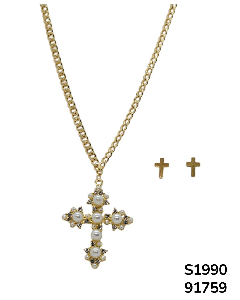 S1990 Conjunto de Cadena Elegante con Cruz de Perlas y cristales