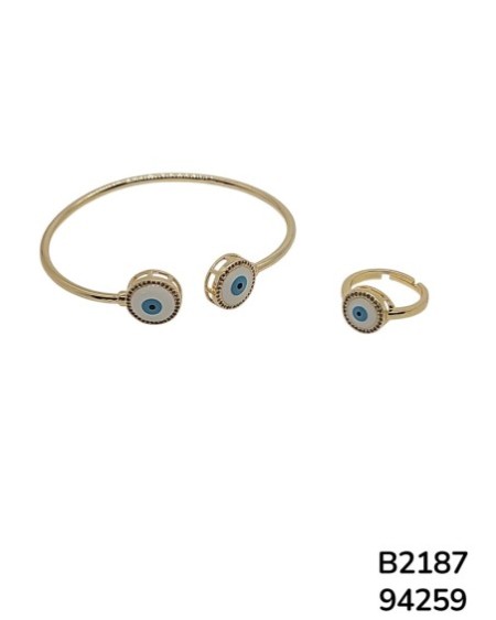 B2187 Set de Pulsera y Anillo con Ojo Turco y Dije Redondo Dorado