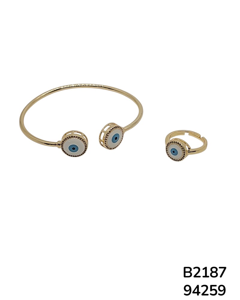B2187 Set de Pulsera y Anillo con Ojo Turco y Dije Redondo Dorado