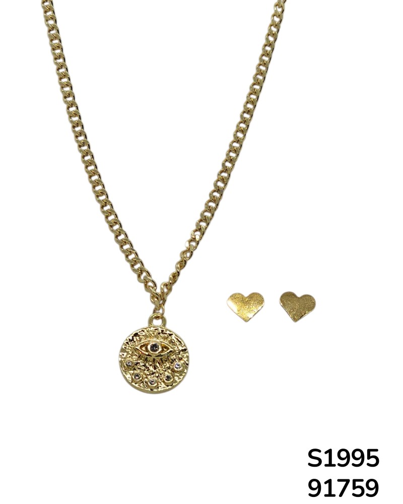 S1995 Conjunto de Cadena con Dije de Ojo Turco y aretes de corazón
