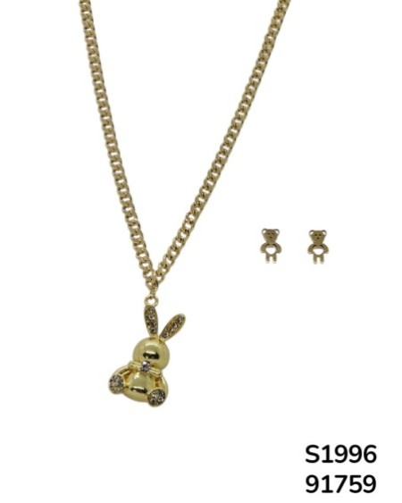 S1996 Conjunto de Cadena con Dije de Conejo con cristales y aretes de oso