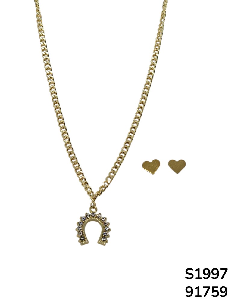 S1997 Conjunto de Cadena con Dije de Herradura y aretes de corazón