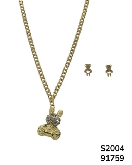 S2004 Conjunto de Cadena con Dije de Conejo y aretes de oso