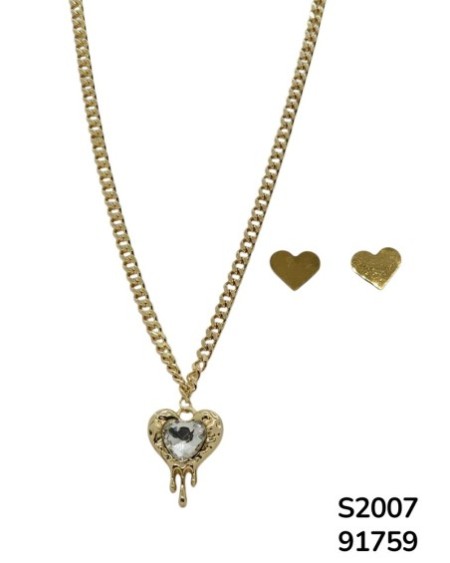 S2007 Conjunto de Cadena con Dije de Corazón de Cristal y aretes de corazón liso