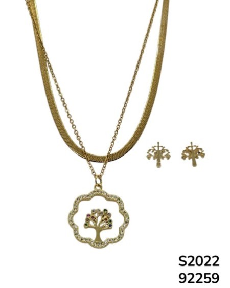 S2022 Conjunto de Cadena doble con Dije del Árbol de la Vida y aretes a juego en forma de Arbol de la Vida