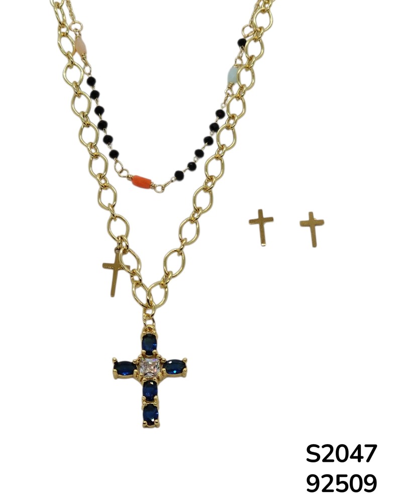 S2047 Conjunto de Cadena doble con Cruz de Piedra Azules y cadena de colores