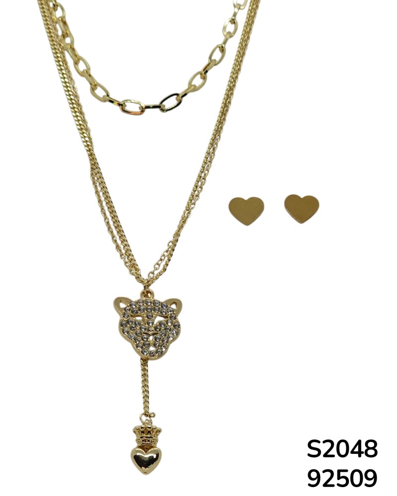 S2048 Conjunto de Cadena doble con Dije de Leopardo y Corazón con aretes de corazón.