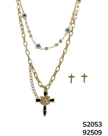 S2053 Conjunto de Cadena doble con Cruz y Ojo Turco ya retes que hacen juego en forma de cruz.