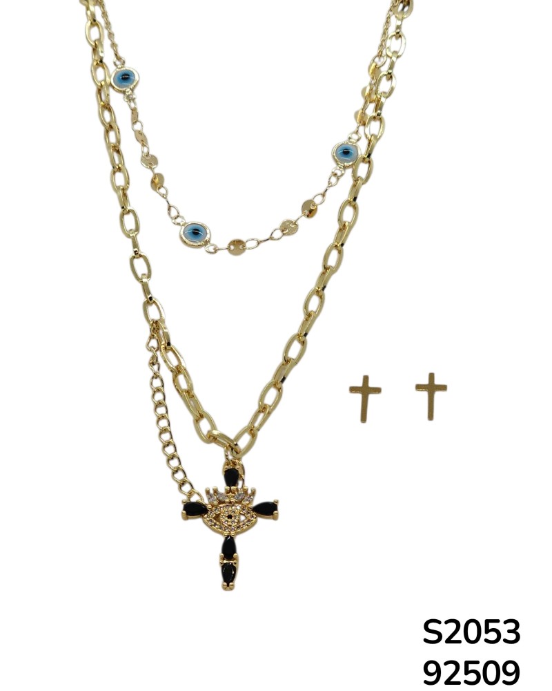 S2053 Conjunto de Cadena doble con Cruz y Ojo Turco ya retes que hacen juego en forma de cruz.