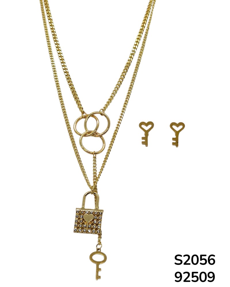 S2056 Conjunto de Cadena doble con Dije de candado decorado con cristales y llave
